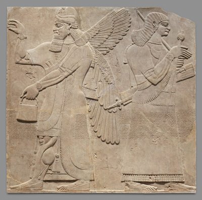 panneau en relief de gardien et eunuque, vers 883-59 av. J.-C. (albâtre de gypse) - Neo Assyrian